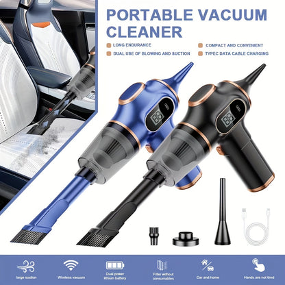 [Bestseller] belibuy Portable Rechargeable Car Vacuum Cleaner with Digital Display - Elegant Black & Rose Gold, Handheld, Cordless Dust Remover with Cyclone Suction, Includes Brush Blowing Head & Long Tube, USB Charging, Durable ABS Material, Cordless