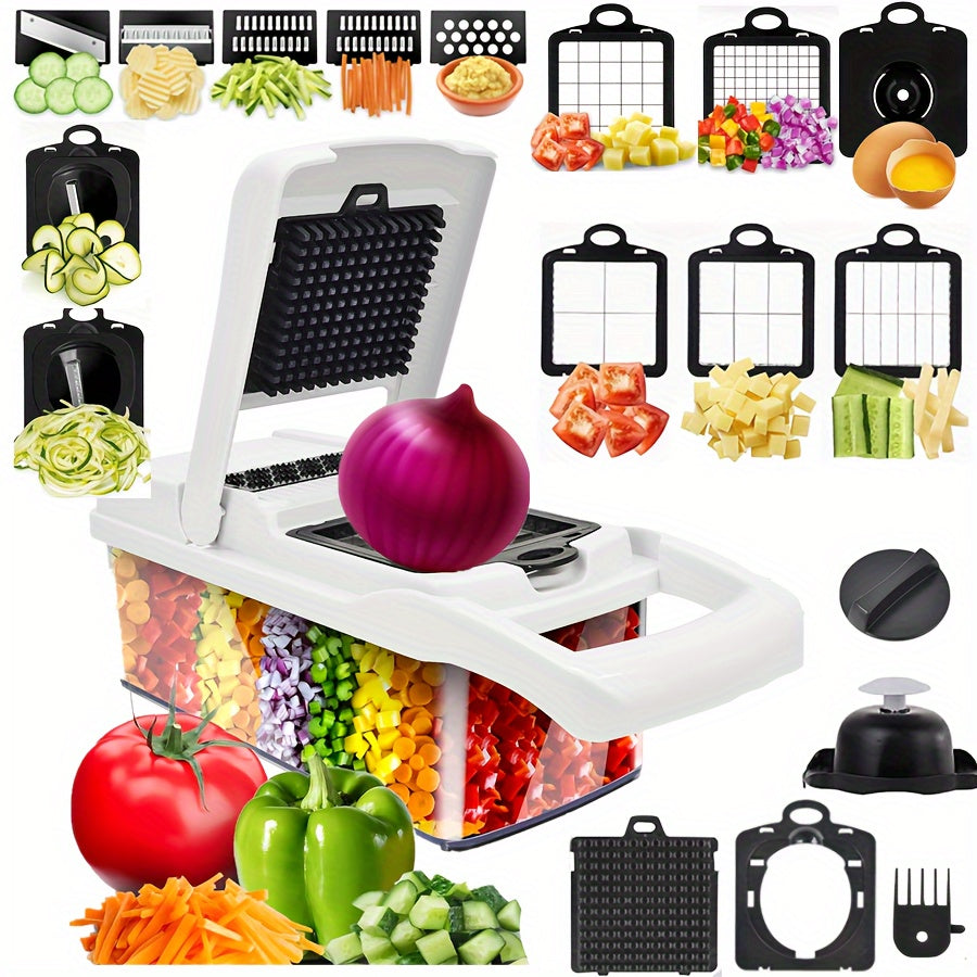 - Kitchen Set includes 1 Vegetable Chopper, 22in1/15in1 Slicer, Manual Food Grater, and Onion Mincer Cutter
- Multifunctional design for slicing fruits and vegetables easily
- Convenient container for collecting sliced vegetables
- Household essential