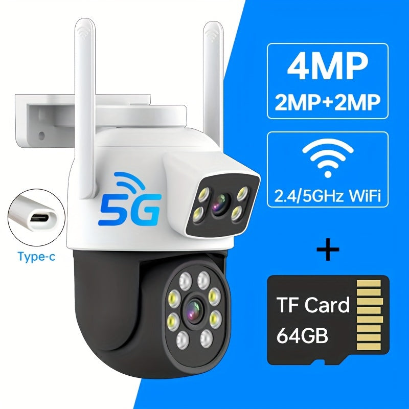 Zhxinsd 4MP Dual Lens Security Camera features 2.4/5GHz WiFi connectivity, motion detection, indoor/outdoor wireless home surveillance, 2-way audio, full color night vision, and is USB powered. Suitable for ages 14 and up, this camera does not require a