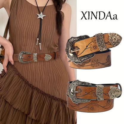 #N085 Wide 3.8cm Retro Carved Flower Print Women's Belt in Dark Brown and Light Brown - Perfect for Autumn and Winter. This versatile y2k belt can be dressed up with jeans, suits, and long skirts. A must-have accessory for girls, great for holiday gifts