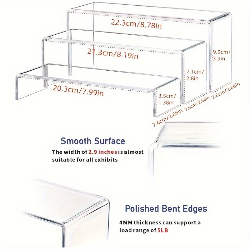 1 piece of a 3-layer, 3-piece set of transparent thickened U-shaped storage racks for dessert tables, figures, perfume storage and display. This multifunctional acrylic transparent display stand is perfect for showcasing desserts, dolls, cosmetics, and