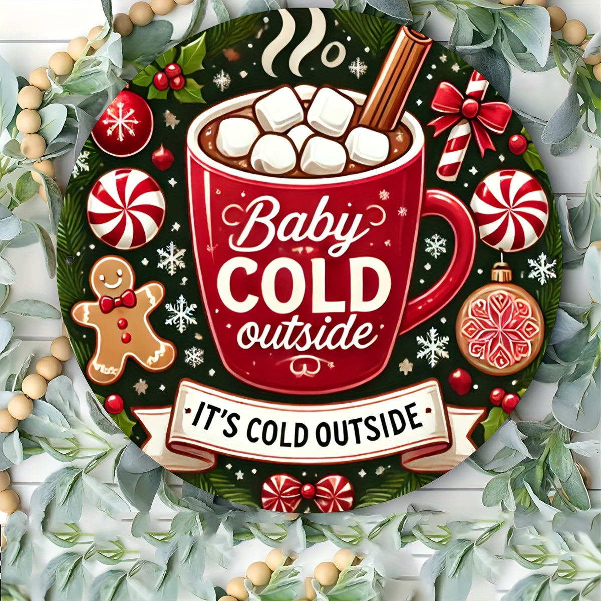 1 piece of 8x8 inch (20x20cm) round tin sign featuring a charming gingerbread baby design with the phrase "Baby It's Cold Outside." This metal sign is perfect for adding a festive touch to your home, cafe, or bar decor. It also makes a unique and