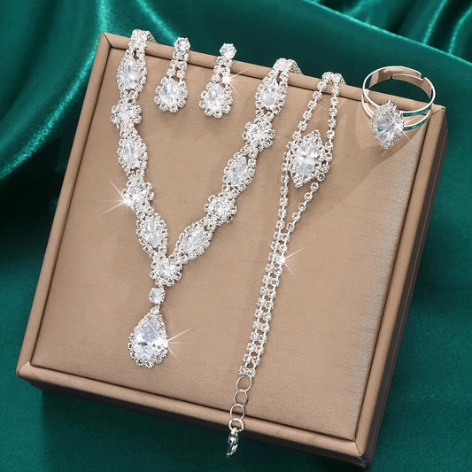 [Top Pick] Set of 5 Elegant Bridal Jewelry Pieces - Silver-Plated Necklace, Bracelet, Earrings, Ring adorned with Shimmering Rhinestones in a Water Drop Design, Ideal for Weddings & Special Occasions, Middle Eastern Style, Pearl Jewelry Ensemble