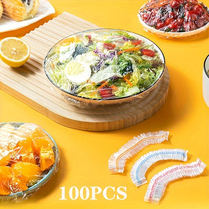 1 PACK of 100 Colorful Plastic Wrap Covers - Food Grade PE Film Bags, Bowl Covers, Elastic Covers for Leftover Food, Disposable Bowl Covers - Kitchen Supplies to Keep Food Fresh and Secure