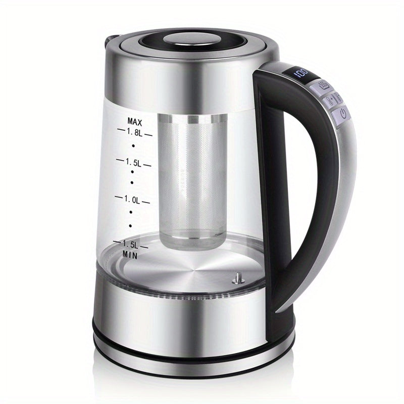 1 piece of a 1.8L Electric Glass Kettle with 12 temperature controls and up to 24 hours insulation. This electric kettle is suitable for making tea, coffee, and milk powder, and comes with a stainless steel strainer and inner lid. It can be used on a