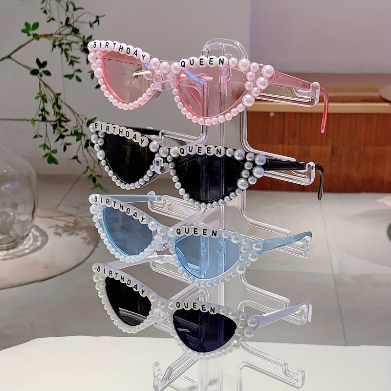 1 piece of 'Birthday Queen' Cat Eye Shaped Glasses featuring a fashionable solid color plastic frame adorned with artificial pearls. These glasses come with interchangeable lenses, making them perfect for climbing sports and birthday parties. With their