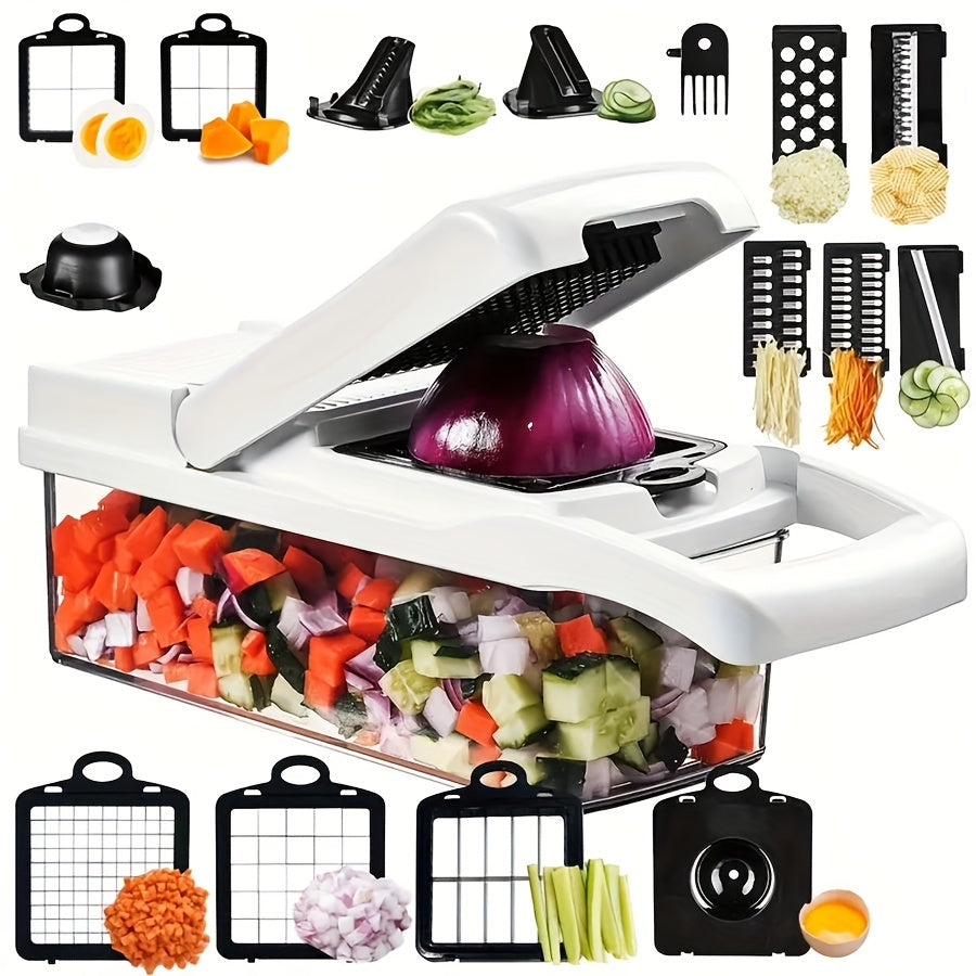 - Kitchen Set includes 1 Vegetable Chopper, 22in1/15in1 Slicer, Manual Food Grater, and Onion Mincer Cutter
- Multifunctional design for slicing fruits and vegetables easily
- Convenient container for collecting sliced vegetables
- Household essential