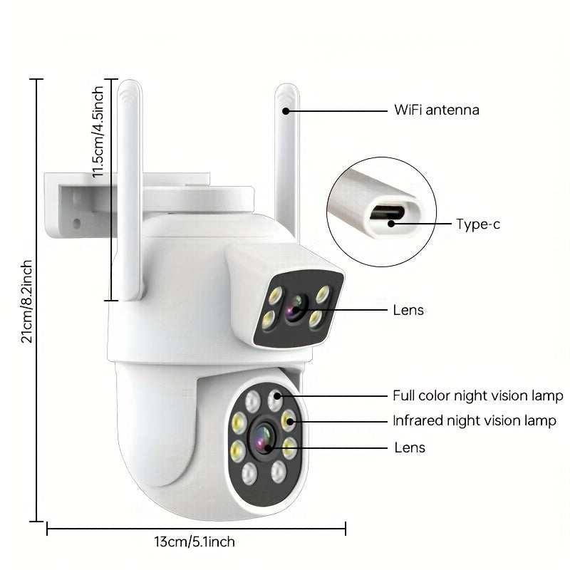 ZHXINSD Dual Lens Security Camera offers 4MP Wireless WiFi connection, Auto Tracking feature, Color Night Vision, Two-Way Audio communication, 360° Pan Tilt functionality, and is USB Powered for convenience.