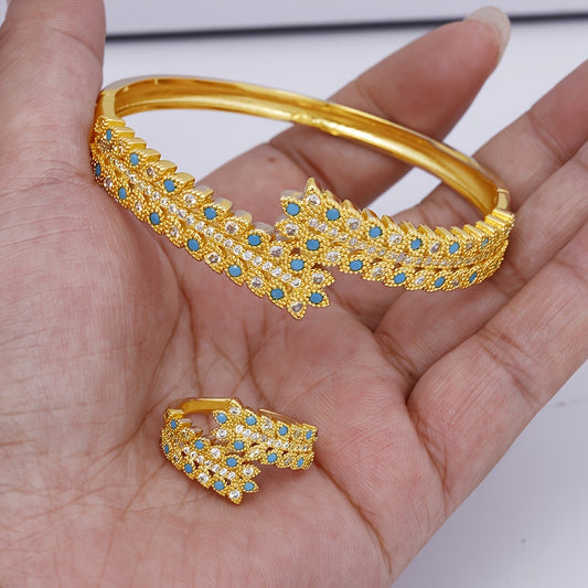 Middle Eastern women's heavy work inlaid zirconia leaf ring and bracelet set jewelry, perfect for bridal clothing accessories or as a Mother's Day gift during summer. The set includes one elegant ring and one stunning bangle.