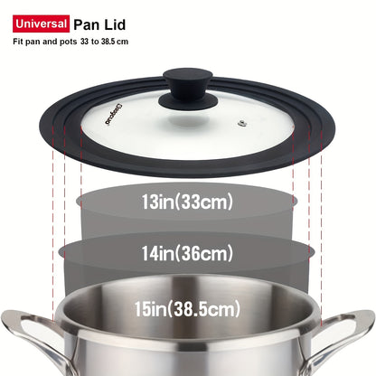 1 piece of a universal pot lid with a diameter of 33.02cm to 38.1cm. This lid is suitable for use with pots, pans, and skillets. It features a unique enlarged heat-resistant silicone rim and is made with tempered glass that is BPA-free.