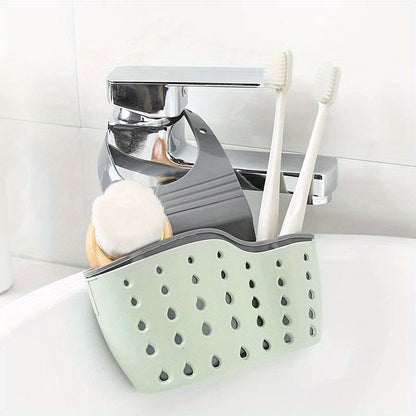 1 hanging basket with sink sponge rack and organizer, silicone storage box, adjustable shoulder strap for drainage, perfect for kitchen sink absorption, bathroom faucet hanging basket storage, and organizing kitchen supplies.