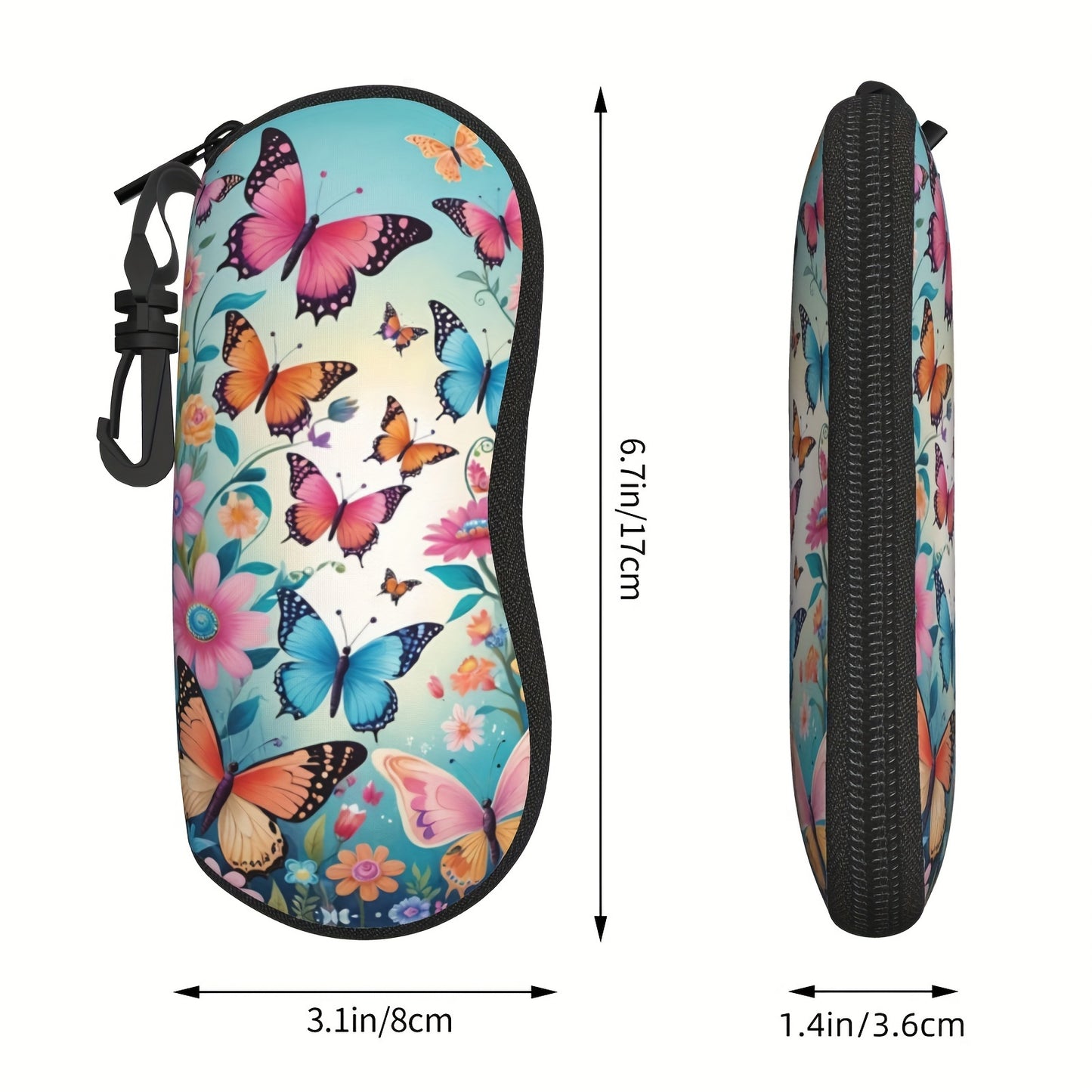 Portable and stylish, this soft neoprene eyeglasses case features a colorful butterfly pattern and comes with a key chain. Perfect for men and women, this anti-pressure case will keep your glasses safe and secure.