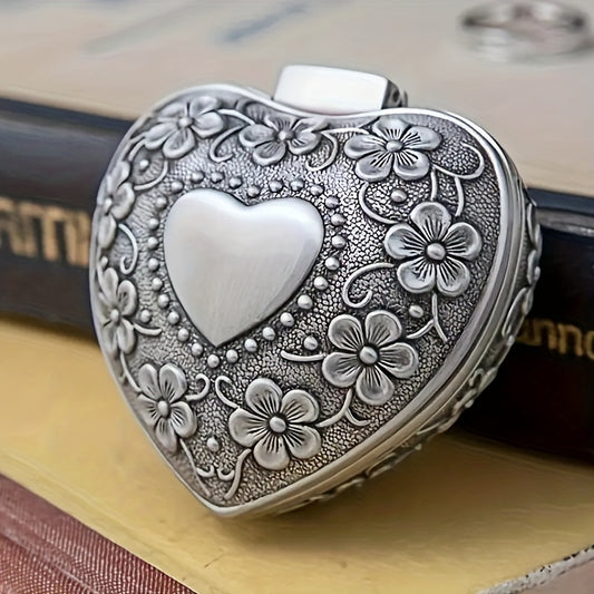 [Highly-Desired] Beautiful Bohemian Style Silvery Heart-Shaped Alloy Jewelry Box with Floral Patterns - Featuring a Metal Ring Holder, Luxurious Fabric Interior, and Secure Clasp Closure - An Ideal Gift for Valentine's Day