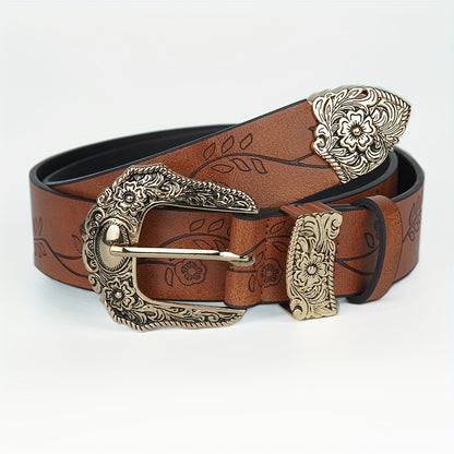 #N085 Wide 3.8cm Retro Carved Flower Print Women's Belt in Dark Brown and Light Brown - Perfect for Autumn and Winter. This versatile y2k belt can be dressed up with jeans, suits, and long skirts. A must-have accessory for girls, great for holiday gifts