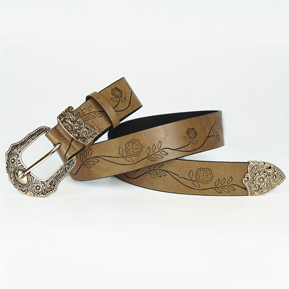 #N085 Wide 3.8cm Retro Carved Flower Print Women's Belt in Dark Brown and Light Brown - Perfect for Autumn and Winter. This versatile y2k belt can be dressed up with jeans, suits, and long skirts. A must-have accessory for girls, great for holiday gifts