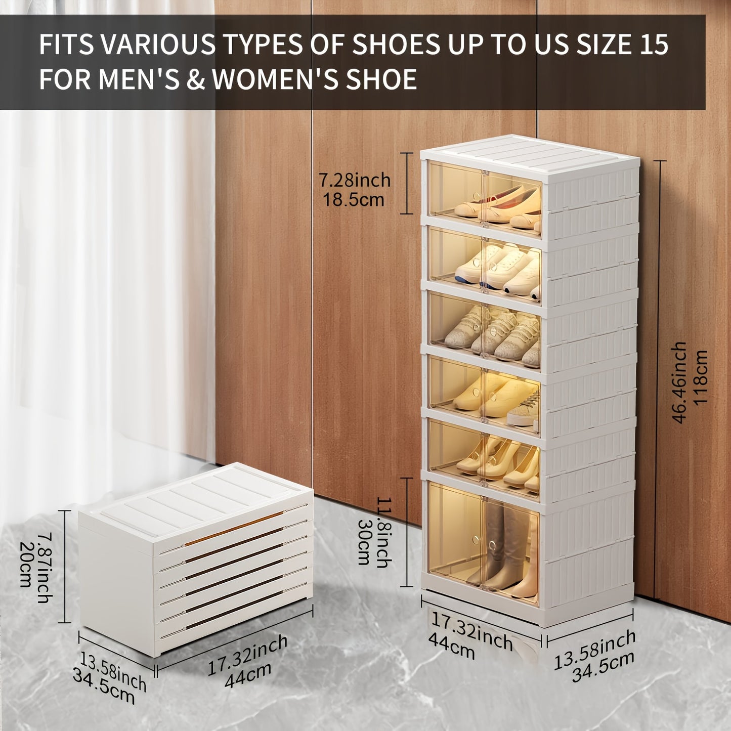 1 piece of a foldable shoe rack with 6/9 tiers for organizing your shoes in the closet. Made of durable plastic, this collapsible shoe shelf comes with a stackable clear shoe box with a door for easy access. This shoe cabinet is easy to assemble and is