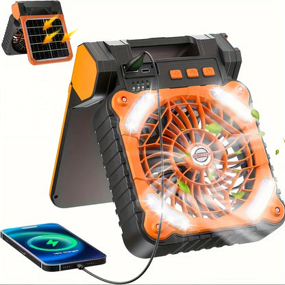 1 piece of a portable 10000mAh solar fan with LED lantern, perfect for camping, picnics, barbecues, fishing, and travel. Comes with a solar panel for outdoor charging and operates quietly on battery power.