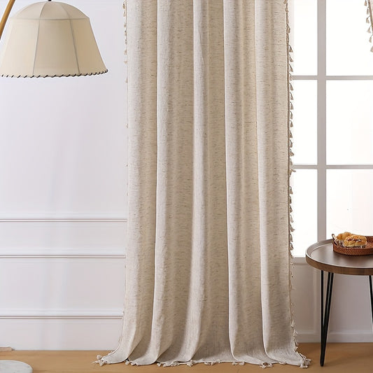 1 piece of Elegant Beige Sheer Curtain with Tassel Detail - Vintage Inspired, Rod Pocket Design, Made of Machine Washable Polyester, Semi-Transparent and Perfect for Living Room Decor