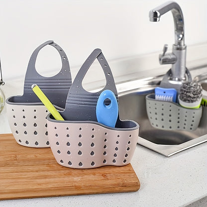 1 hanging basket with sink sponge rack and organizer, silicone storage box, adjustable shoulder strap for drainage, perfect for kitchen sink absorption, bathroom faucet hanging basket storage, and organizing kitchen supplies.