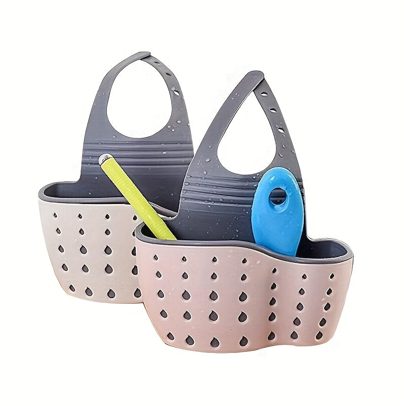 1 hanging basket with sink sponge rack and organizer, silicone storage box, adjustable shoulder strap for drainage, perfect for kitchen sink absorption, bathroom faucet hanging basket storage, and organizing kitchen supplies.