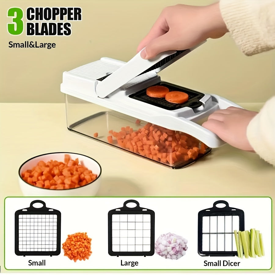 - Kitchen Set includes 1 Vegetable Chopper, 22in1/15in1 Slicer, Manual Food Grater, and Onion Mincer Cutter
- Multifunctional design for slicing fruits and vegetables easily
- Convenient container for collecting sliced vegetables
- Household essential