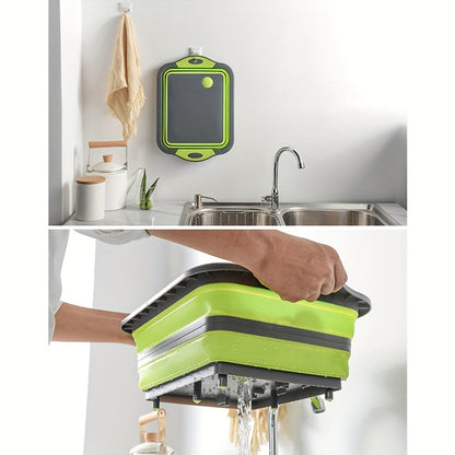 1 piece of a collapsible cutting board with a built-in colander, this multifunctional silicone folding chopping board also doubles as a dish tub basin and food strainer storage basket. Perfect for draining and washing vegetables and fruits in the kitchen