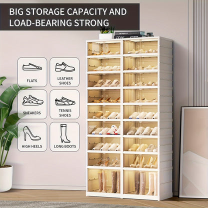 1 piece of a foldable shoe rack with 6/9 tiers for organizing your shoes in the closet. Made of durable plastic, this collapsible shoe shelf comes with a stackable clear shoe box with a door for easy access. This shoe cabinet is easy to assemble and is