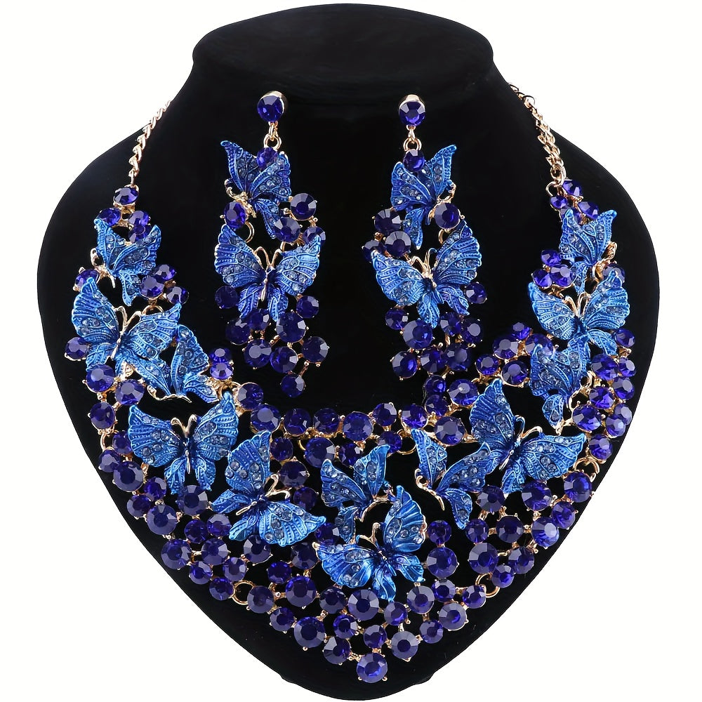 Vintage luxury butterfly jewelry set featuring a synthetic rhinestone necklace and earrings, crafted from alloy. Inspired by December birthstone and animal theme, perfect for weddings, parties, or as a Valentine's Day gift. Embrace retro and luxury style