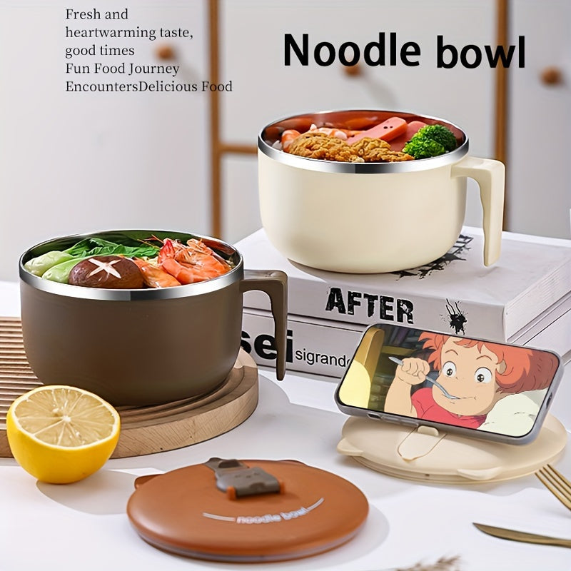 1 piece of 304 Stainless Steel Instant Noodle Bowl, featuring a large capacity and a lid for added convenience. This dual-purpose bowl can be used as portable tableware that is anti-scalding. Perfect for students to use as a lunch box (Not suitable for