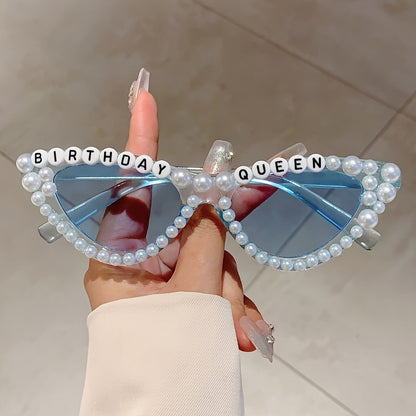 1 piece of 'Birthday Queen' Cat Eye Shaped Glasses featuring a fashionable solid color plastic frame adorned with artificial pearls. These glasses come with interchangeable lenses, making them perfect for climbing sports and birthday parties. With their