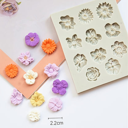 1 piece of a flower-shaped silicone mold with 11 cavities, perfect for making 3D fondant, pudding, chocolate, candy, desserts, gummy, cupcakes, handmade soap, ice cubes, ice cream, and more. Ideal for cake decorating, baking, and other kitchen items.