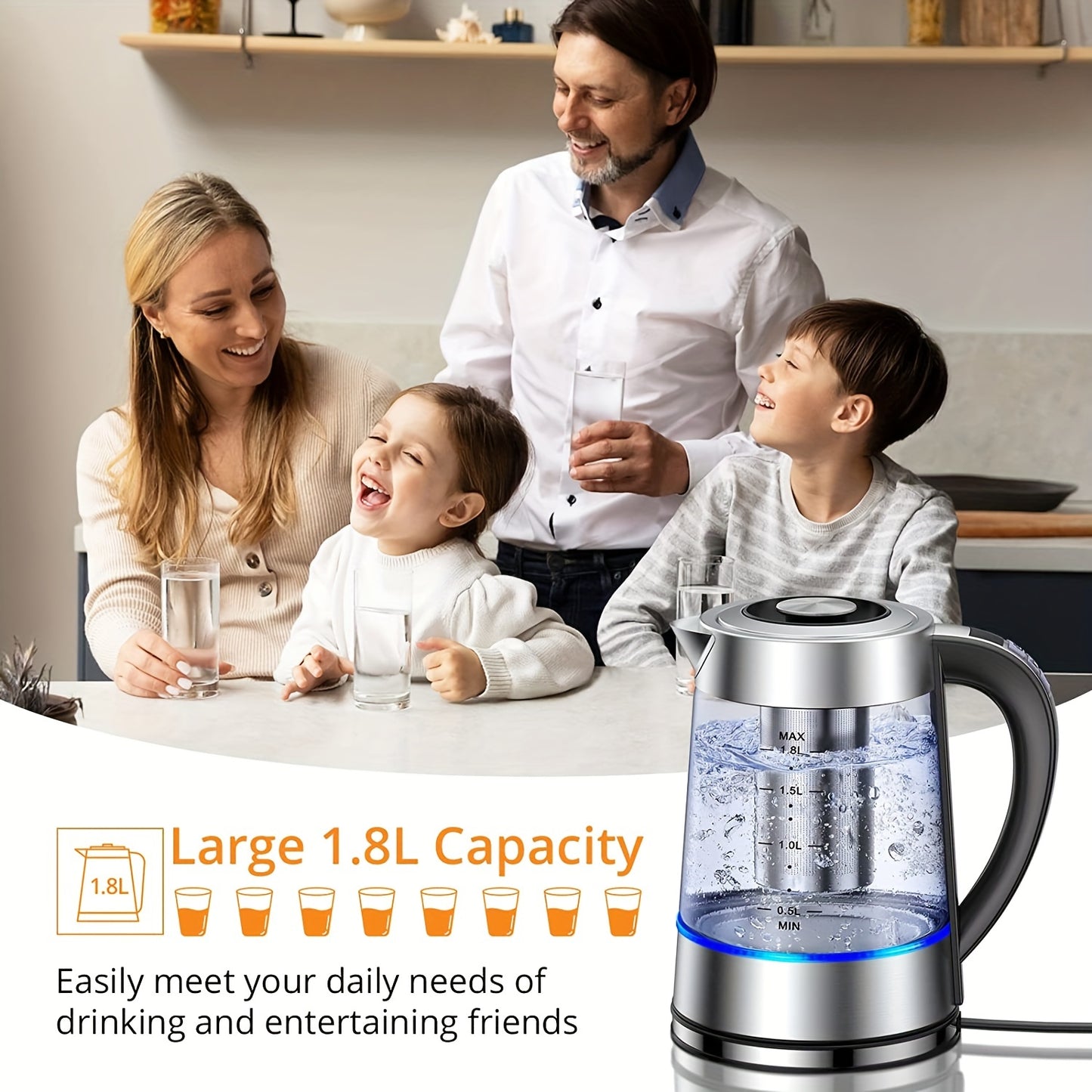 1 piece of a 1.8L Electric Glass Kettle with 12 temperature controls and up to 24 hours insulation. This electric kettle is suitable for making tea, coffee, and milk powder, and comes with a stainless steel strainer and inner lid. It can be used on a