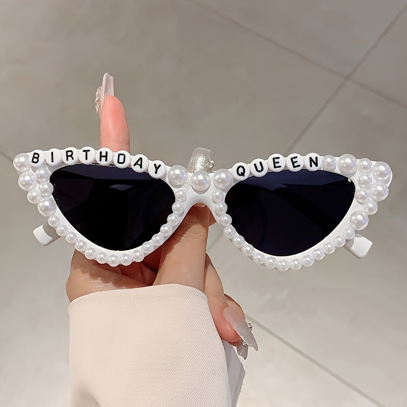 1 piece of 'Birthday Queen' Cat Eye Shaped Glasses featuring a fashionable solid color plastic frame adorned with artificial pearls. These glasses come with interchangeable lenses, making them perfect for climbing sports and birthday parties. With their