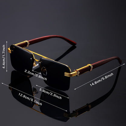 [Customer Favorite] Elegant Frameless Double Bridge Fashion Glasses with Golden Details, Wood Grain Temple, Perfect for Traveling and Driving, Featuring Mirrored PC Lens, Ideal for Sports and Climbing, Durable Plastic Hinge, Sleek Black Design