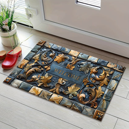 1 piece of 3D stone design welcome home doormat made of 100% polyester. It is machine washable, stain resistant, and has a non-slip rubber backing. This lightweight braided rectangular rug can be used indoors or outdoors, in the hallway, kitchen