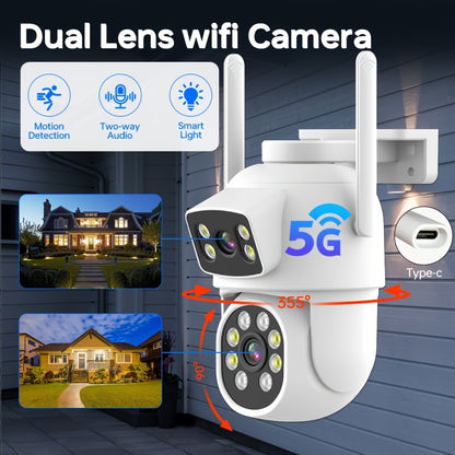 Zhxinsd 4MP WiFi Home Security Camera offers outdoor wireless connectivity, dual band support (2.4G/5GHz), color night vision, motion alerts with auto tracking, two-way audio communication, compatibility with TF & Cloud storage, pan-tilt functionality