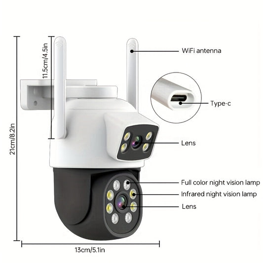 Zhxinsd Dual Lens Outdoor Security Camera features a 360° Pan Tilt, Color Night Vision with 2MP+2MP resolution, Motion Detection, 2-Way Audio, WiFi connectivity (2.4G/5GHz), and USB power option.