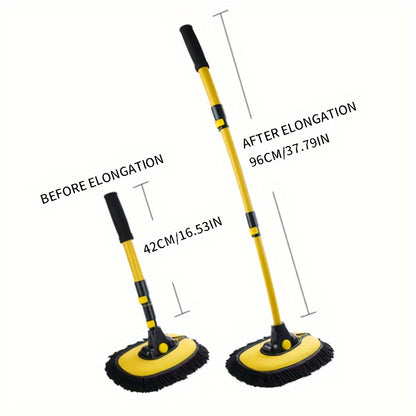 Yellow telescopic soft bristle car wash mop with aluminum handle, gentle on car surfaces, user-friendly household cleaning tool essential for every family, durable furniture accessory that won't cause any damage.