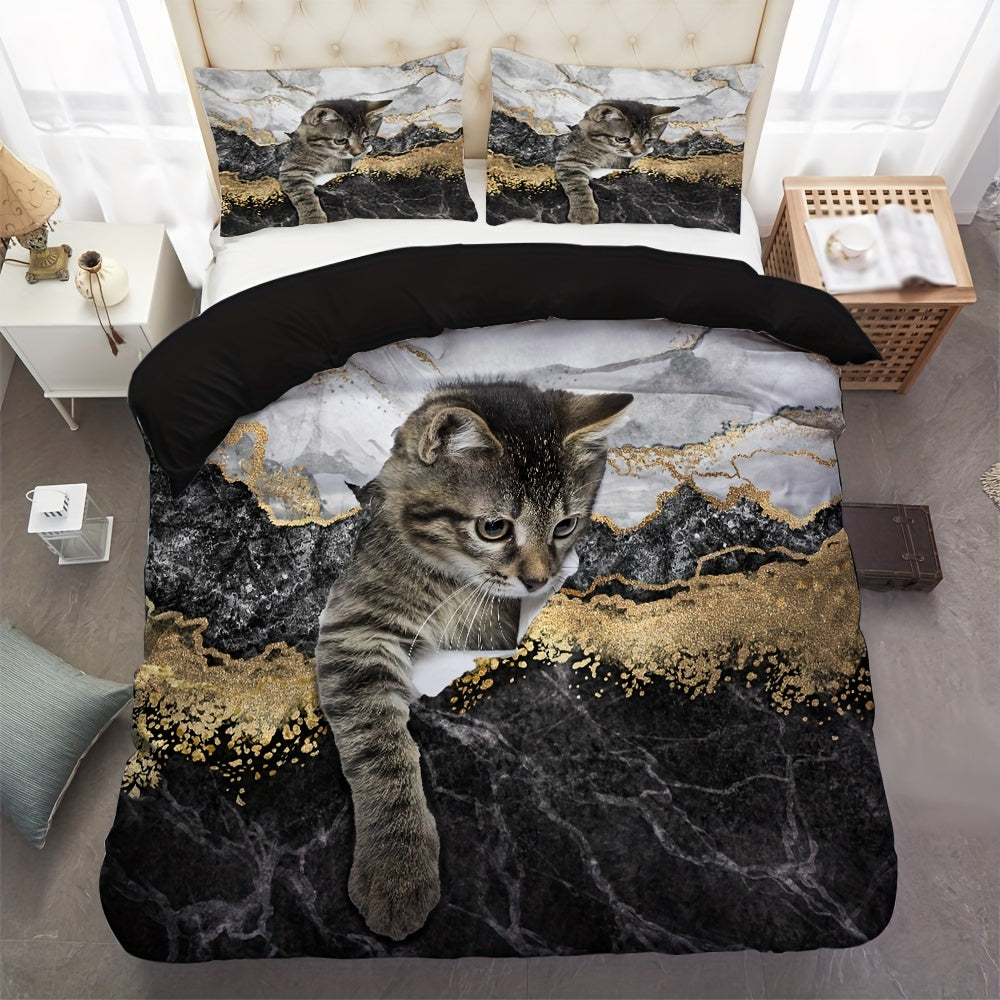 1 Cat & Marble Duvet Cover Set with Pet Cat Pattern Bedding Set featuring a Cute Kitten Printed Comforter Cover. Ideal for Boys, Girls, and Teens with an adorable 3D Animal Theme. The perfect Cat Lover's Gift includes 1 Duvet Cover and 1 or 2 Pillow