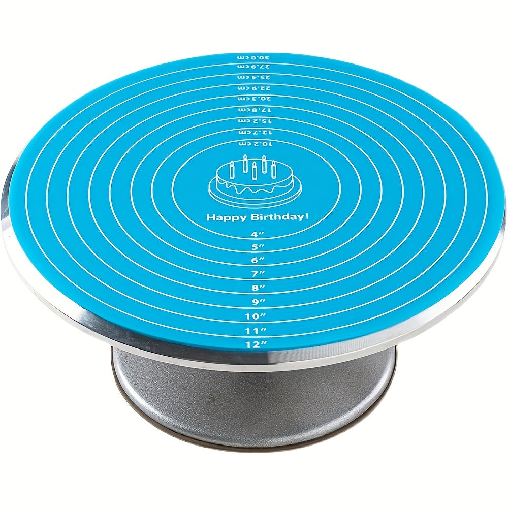 1 piece of 29.97cm Round Cake Turntable Mat made of Silicone. This multipurpose mat can be used as a Baking Mat, Scale Mat, Heat Insulation Mat, and Placemat. It is designed to be non-stick and non-slip, making it a perfect addition to your kitchen