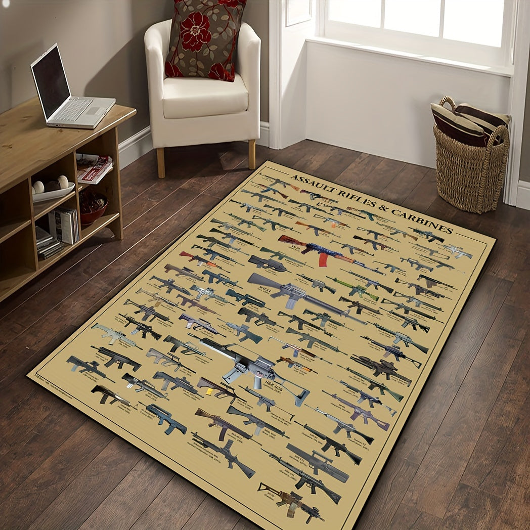 1 piece of a minimalist style rifle print area rug in various sizes (19x31, 31x47, 47x62, 62x90 inches). This washable crawling mat is perfect for high-traffic areas in the living room, bedroom, gaming room, sofa, coffee table, dormitory, holiday room