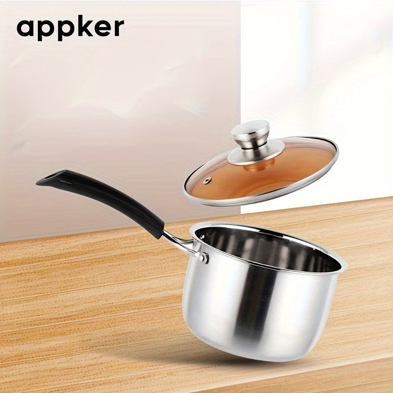 1 piece of Food Grade Stainless Steel Soup Pot with a Single Handle, ideal for heating milk and cooking meals for children. This Household Pot comes with a Glass Lid and can be used on any Induction Cooker. A versatile Kitchen Accessory perfect for small