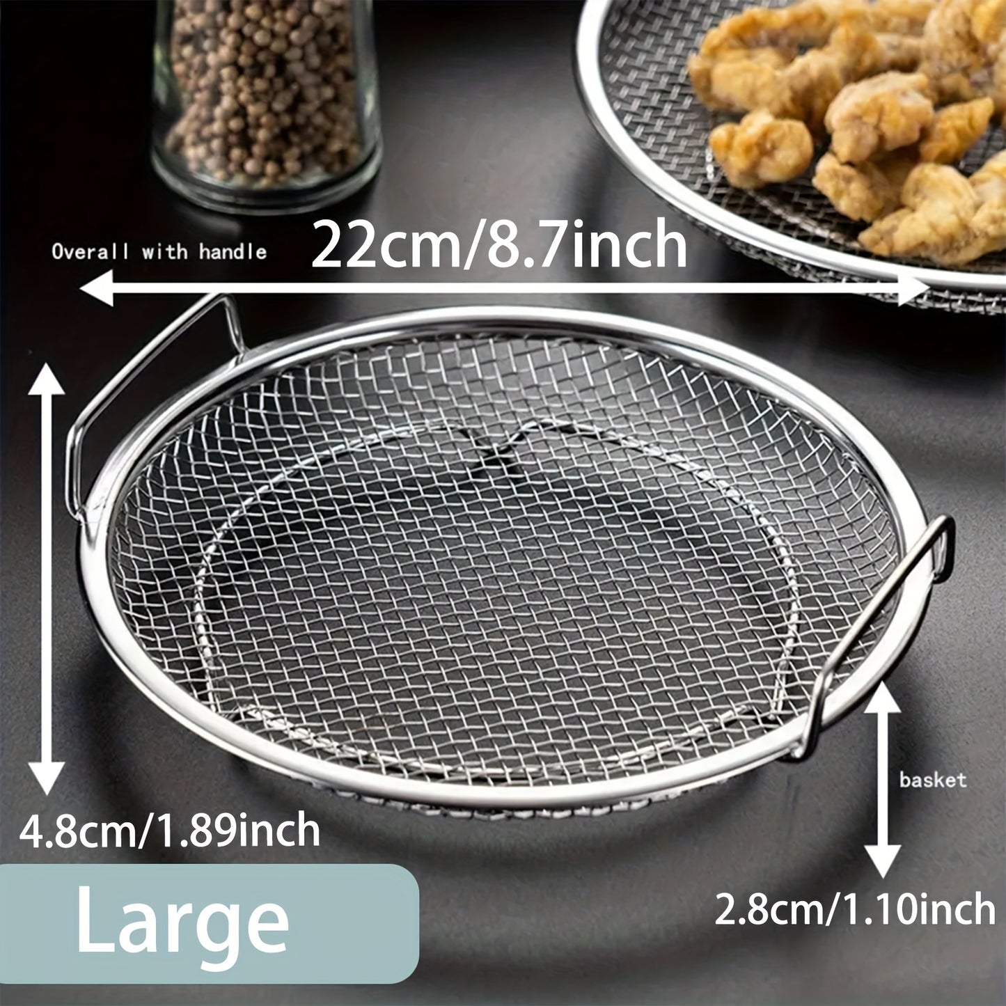 1 piece of a crisper basket that can be used for air frying and baking. This non-stick round tray comes with a mesh grill to catch grease, making it perfect for cooking crispy foods. Made of stainless steel, this basket is a handy kitchen tool and