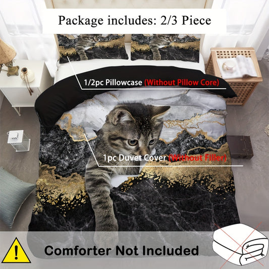 1 Cat & Marble Duvet Cover Set with Pet Cat Pattern Bedding Set featuring a Cute Kitten Printed Comforter Cover. Ideal for Boys, Girls, and Teens with an adorable 3D Animal Theme. The perfect Cat Lover's Gift includes 1 Duvet Cover and 1 or 2 Pillow