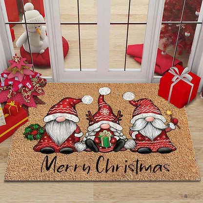 1 or 2 pieces of Christmas Gnome Welcome Doormat, designed for indoor and outdoor use. This washable low pile mat features non-slip rubber backing and is absorbent, making it suitable for use as a bath mat, RV mat, farmhouse kitchen rug, or in the