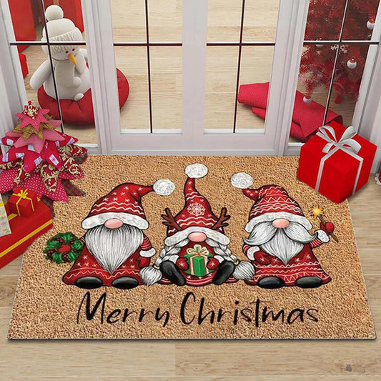 1 or 2 pieces of Christmas Gnome Welcome Doormat, designed for indoor and outdoor use. This washable low pile mat features non-slip rubber backing and is absorbent, making it suitable for use as a bath mat, RV mat, farmhouse kitchen rug, or in the