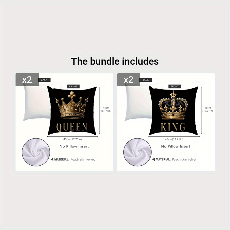 [Best-Selling] Set of 1 or 2 45x45cm Peach Skin Pillowcases with Black Background, Golden Crown King and Queen Design. Perfect for Car Seat Cushions, Living Room Sofas, Bedroom Pillows, Bedside Backrests, or Home Decor. Single-Sided Printing, Pillow Core