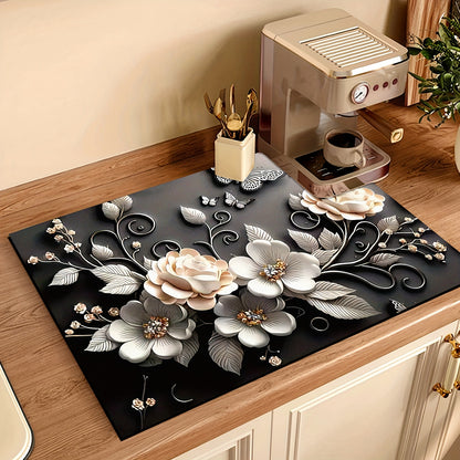 1 piece of 3D floral pattern absorbent mat made of soft silica gel with a non-slip quick-dry pad for kitchen countertop. Ideal dish drying mat for coffee machine, featuring a polyester cover. A must-have for your home kitchen!