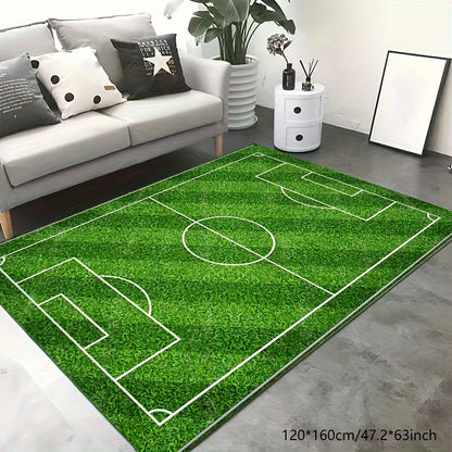 1 piece of a non-slip soft carpet floor mat designed as a soccer field football stadium, featuring green grass with painted lines for sports play. Can be used indoors or outdoors as a runner rug or yoga mat to add a sporty touch to home decor.