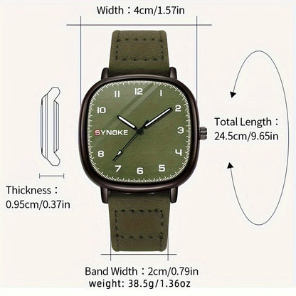 [Bestseller] Retro Army Green Men's Quartz Watch, Minimalistic Sports Design, Square Alloy Case, Synthetic Leather Strap, Not Waterproof, Quartz Movement, Basic Sports Style, Square Alloy Case, Synthetic Leather Strap